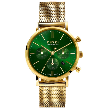 ZINZI horloge CHRONOGRAPH 34mm groene wijzerplaat met datum en chronometers, geelgoudkleurige stalen kast, geelgoudkleurige stalen mesh band 18mm ZIW1535
