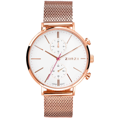 ZINZI Traveller horloge witte wijzerplaat en roségoudkleurige kast stalen mesh band roségoudkleurig 39mm dual time ZIW708M