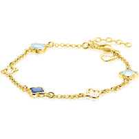 ZINZI gold plated zilveren schakel armband met twee licht blauwe klavers en een saffier klaver 17-19cm ZIA2906