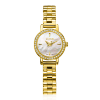 ZINZI Etoile horloge 20mm parelmoer wijzerplaat goudkleurige stalen kast rondom bezet met witte zirkonia's en goudkleurige schakelband ZIW3234
