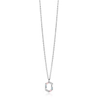ZINZI zilveren ketting met zeshoekige hanger (18mm) bezet met witte, roze en lichtblauwe kleurstenen 42-45cm ZIC2868