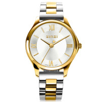 ZINZI Classy Mini horloge 30mm zilverkleurige wijzerplaat goudkleurige stalen kast en bicolor band ziw1233
