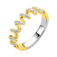 ZINZI gold plated zilveren ring met een sierlijk golvend design, bezet met witte zirkonia&rsquo;s in verfijnde zetting ZIR2877Y
