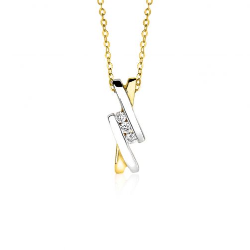 ZINZI Gold 14 karaat gouden strakke bicolor hanger 16mm met 3 diamanten totaal 0,09crt ZGH78 (zonder collier)