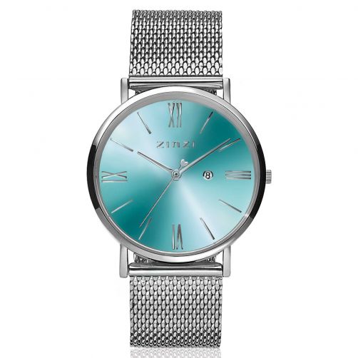 ZINZI Roman horloge blauw-groen gekleurde wijzerplaat, stalen kast stalen mesh band 34mm extra dun ZIW511M