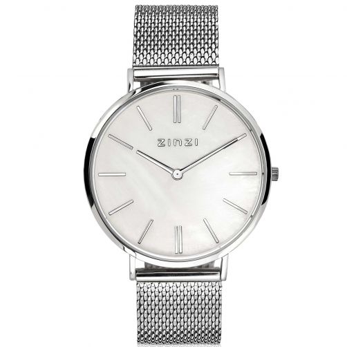 Zinzi Retro horloge witte parelmoer wijzerplaat met zilverkleurige wijzers en stalen mesh band 38mm extra dun ZIW417M

