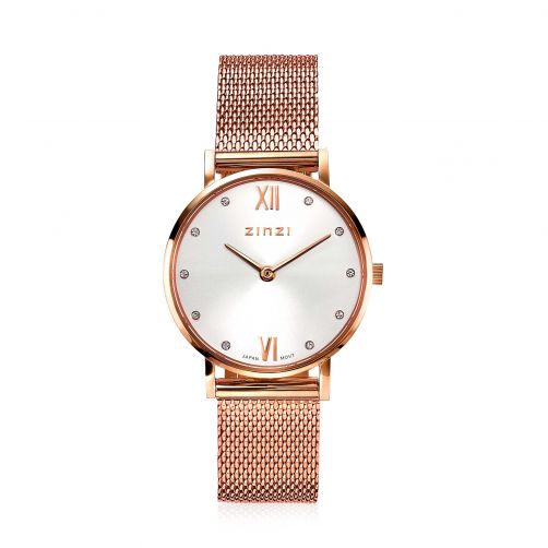 ZINZI Lady Crystal horloge zilvergekleurde wijzerplaat en roségoudkleurige kast stalen mesh band, witte crystals bij uuraanduiding, 28mm extra dun ZIW631M