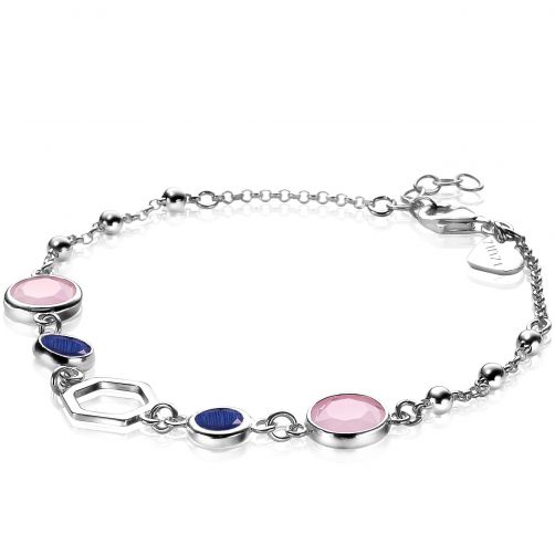 ZINZI zilveren fantasie armband zeshoek blauw roze rond ZIA2002
