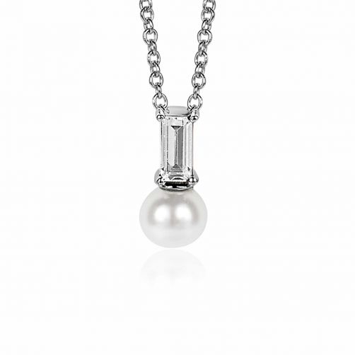 ZINZI zilveren witte parelhanger met witte baquette geslepen zirconia ZIH2135