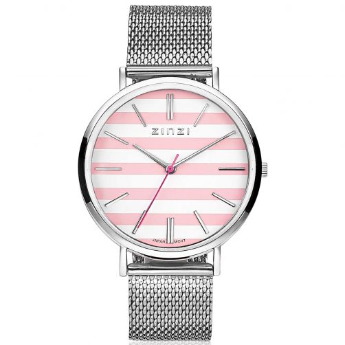 Zinzi Retro horloge roze-wit gestreepte wijzerplaat zilvergekleurde kast stalen mesh band 38mm extra dun ZIW419M
