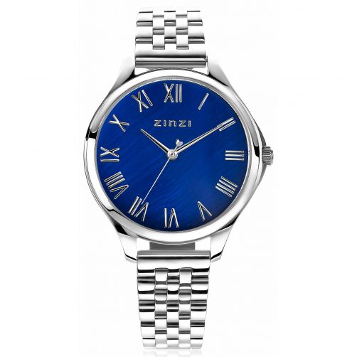ZINZI horloge JULIA 34mm donkerblauwe parelmoer wijzerplaat romeinse cijfers stalen kast en band ZIW1146
