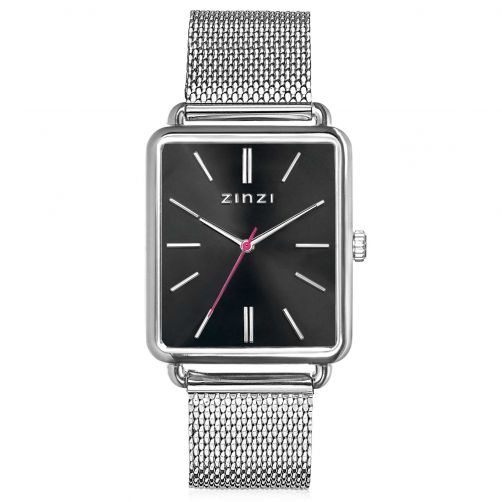 ZINZI Vintage Retro horloge zwarte wijzerplaat en rechthoekige kast stalen mesh band 34mm extra dun ZIW901M
