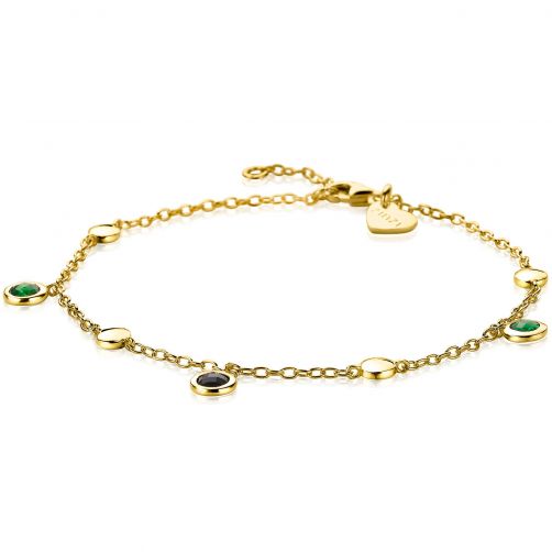 ZINZI zilveren armband 14K geel verguld fantasie met ronde bedels groen/zwart/goud 18-20cm ZIA2093