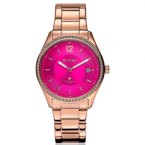 ZINZI horloge roze wijzerplaat stalen band roségoudkleurig wit ZIW308 