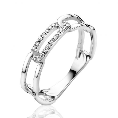 ZINZI zilveren schakel ring met paperclip schakels witte zirconia's ZIR2116