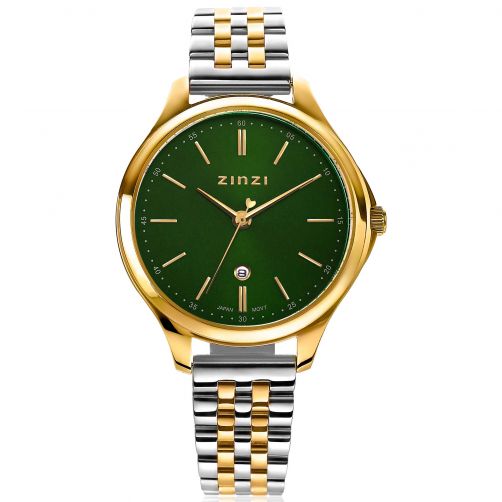 ZINZI Classy horloge 34mm groene wijzerplaat goudkleurige stalen kast en bicolor band, datum ziw1035
