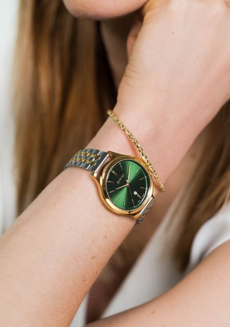 ZINZI horloge 34mm groene wijzerplaat goudkleurige stalen kast en bicolor band, datum ziw1035