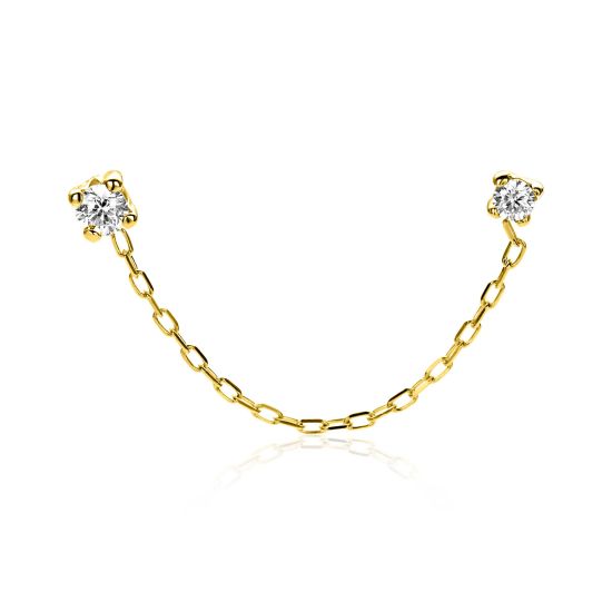 35mm ZINZI Gold 14 krt gouden dubbele oorstekers met verbonden ketting en witte zirkonia ZGO547 
