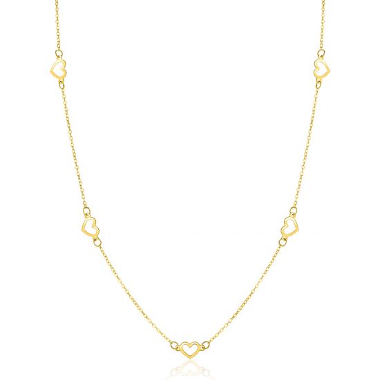 ZINZI Gold 14 krt gouden ketting met subtiele jasseron schakels en vijf open hartjes 5mm breed 42-45cm ZGC504
