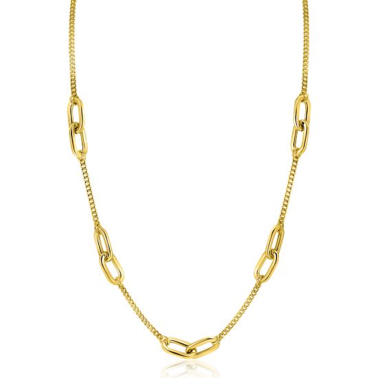 ZINZI gold plated zilveren ketting met gourmet schakels, afgewisseld met grotere ovale schakels 42-45cm ZIC2412G