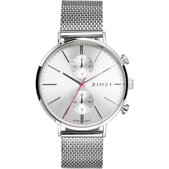 ZINZI Traveller horloge zilvergekleurde wijzerplaat en kast stalen mesh band 39mm dual time ZIW702M