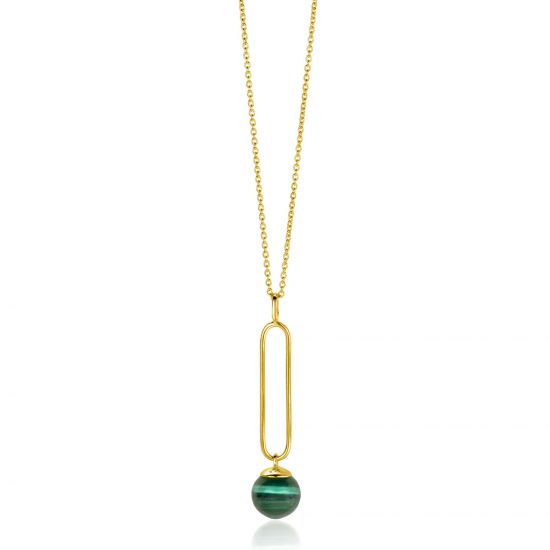 ZINZI gold plated zilveren ketting met lange ovale hanger en bungelende groene cateye in bolvorm 40-45cm ZIC2420