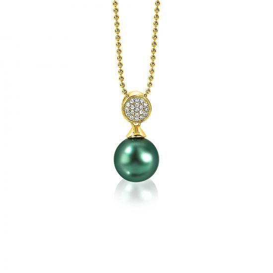 ZINZI zilveren parelhanger geelverguld 18mm witte zirconia's groene parel ZIH1151GG (zonder collier)