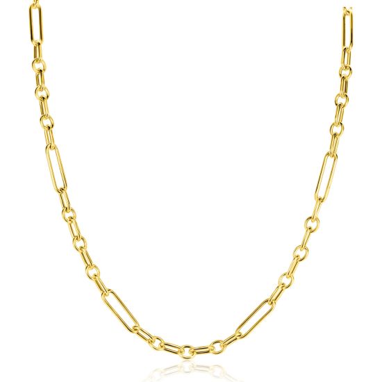 ZINZI gold plated zilveren schakelketting 45cm met opvallende rechthoekige, ovale en ronde schakels ZIC2784G
