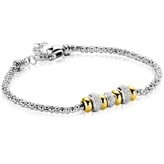 ZINZI zilveren popcorn schakelarmband met zeven sierlijke, beweegbare beads in geel verguld en wit zirkonia ZIA2769
