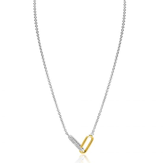 ZINZI zilveren schakelketting met twee verbonden ovale schakels: één gold plated, de ander bezet met witte zirkonia's 42-45cm ZIC2758