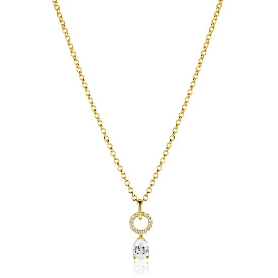 ZINZI gold plated zilveren ketting 45cm met open rondje witte zirconia's en peervormige hanger ZIC2796
