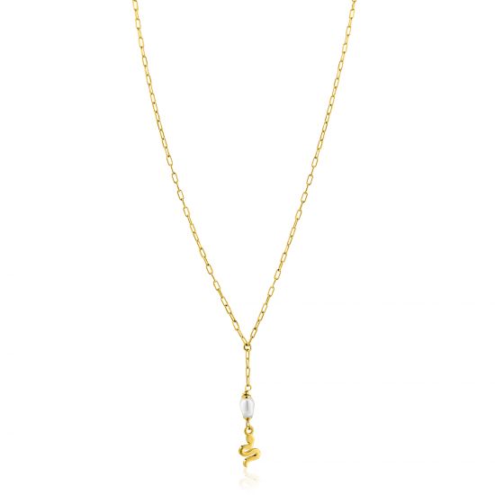 ZINZI gold plated zilveren paperclip Y-collier met witte zoetwaterparel en slang ZIC2761