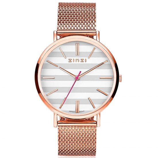 ZINZI Retro horloge grijs-wit gestreepte wijzerplaat roségoudkleurige kast stalen mesh band roségoudkleurig 38mm extra dun ZIW420M