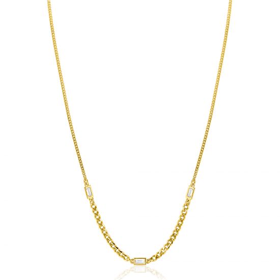 ZINZI gold plated zilveren ketting met gourmet schakels in verschillende breedtes, gecombineerd met drie rechthoekige baguette geslepen zirconia's 42-45cm ZIC2410