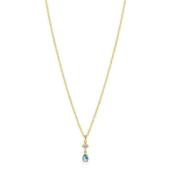 ZINZI gold plated zilveren ketting 42-45cm met luxe peervormige hanger met lichtblauwe kleursteen en witte zirkonia ZIC2744