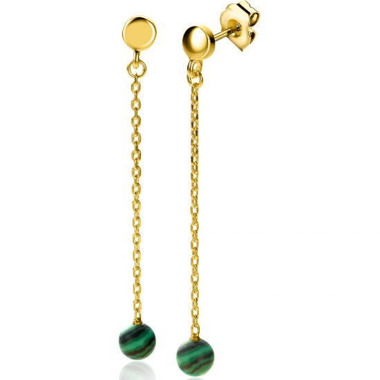 56mm ZINZI gold plated zilveren oorstekers met schakelkettinkje en bolletje van groene kleursteen ZIO-BF92
