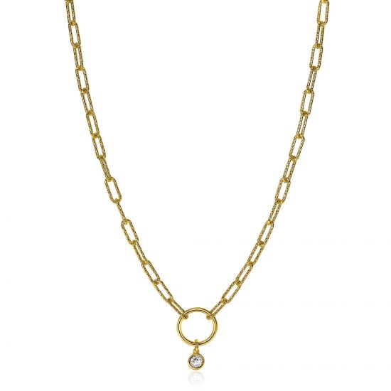 ZINZI zilveren paperclip schakelketting 14K geel verguld 45cm ronde vorm witte zirconia ZIC2200Y