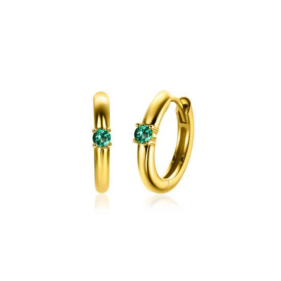 MEI oorringen 13mm gold plated met geboortesteen groen smaragd zirconia 
