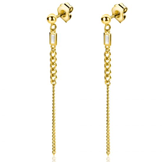 56mm ZINZI gold plated zilveren oorstekers met gourmet schakels en rechthoekige zetting met witte zirconia ZIO2410
