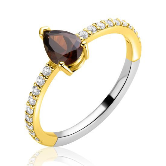 ZINZI goldplated zilveren ring met bruine druppelvormige kleursteen en rijzetting bezet met witte zirconia's ZIR2804
