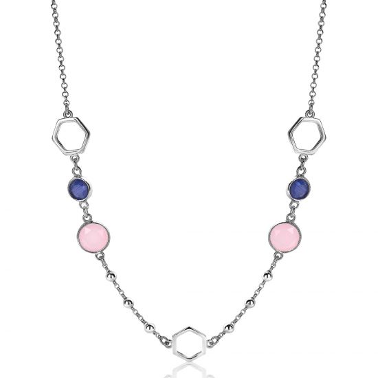 ZINZI zilveren fantasie ketting 45cm zeshoek blauw roze rond ZIC2002