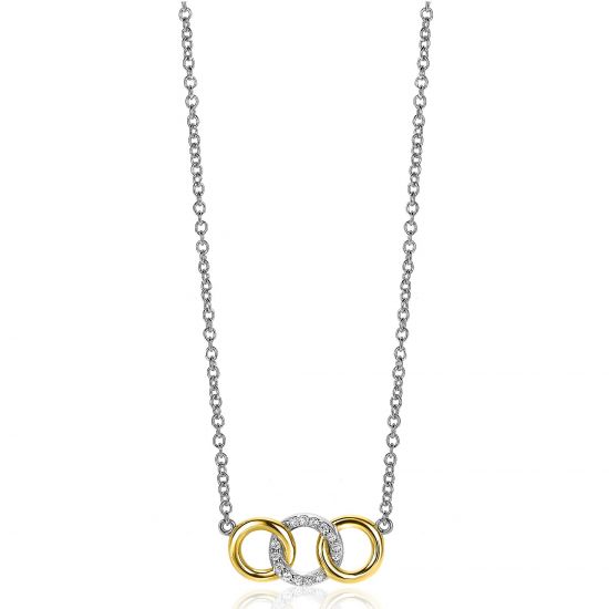 ZINZI zilveren ketting 45cm geel verguld met 3 open rondjes verbonden wit ZIC2045Y