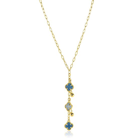 ZINZI goldplated zilveren Y ketting 45cm met drie blauwkleurige klavervormige kleurstenen en speelse bolhangers ZIC2773
