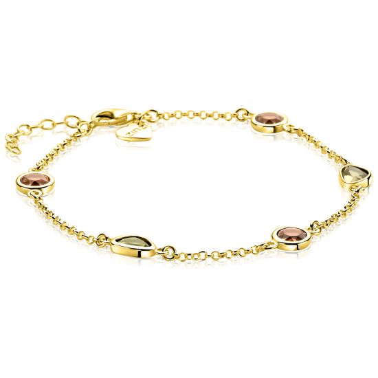 ZINZI gold plated zilveren fantasie armband met ronde vormen bruin en olijfgroen ZIA2770