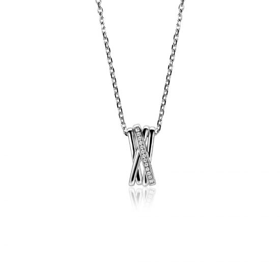 ZINZI zilveren ketting 42–45cm met luxe cross-over hanger (16mm) bezet met witte zirkonia's ZIC1790