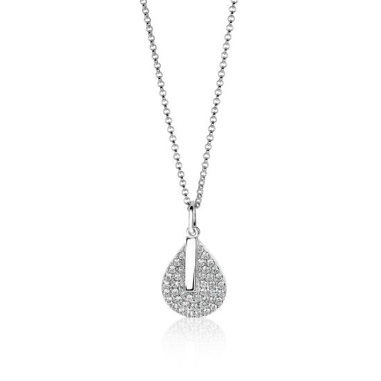 ZINZI zilveren ketting 45cm met hanger 14mm druppel staafje wit ZIC1573