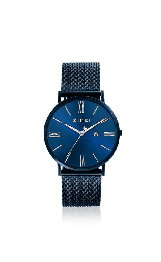 ZINZI Roman horloge blauwgekleurde wijzerplaat en kast met zilverkleurige wijzers blauwe stalen mesh band 34mm extra dun ZIW551M