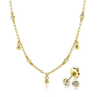 Xmas Giftset: Een prachtige goldplated zilveren schakelketting 45cm met bijpassende oorknoppen bezet met wit zirkonia. Eén complete look, één feestelijke giftset.(ZIO1177G, ZIC2658).