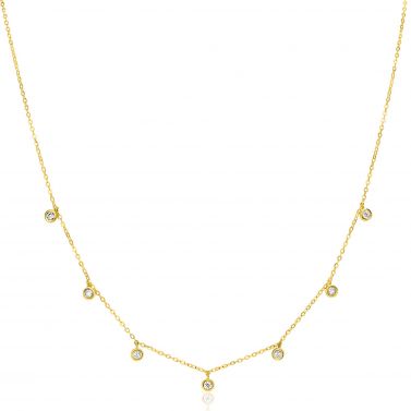 ZINZI Gold 14 krt gouden anker ketting met zeven ronde hangertjes, bezet met witte zirconia's 40-43cm ZGC451
