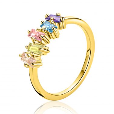 ZINZI gold plated zilveren ring (6mm breed) rechthoekige zettingen, bezet met multicolor kleurstenen ZIR2739